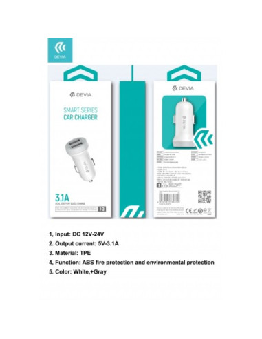 DEVIA CARGADOR COCHE DOBLE USB BLANCO
