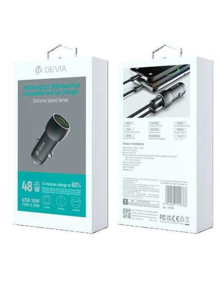 DEVIA CARGADOR COCHE EXTREME 48W (PD30W + QC 3.0 18W) NEGRO