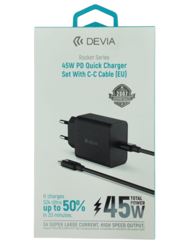 DEVIA CARGADOR ROCKET PD 45W + CABLE C-C NEGRO