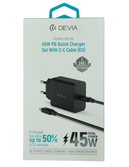DEVIA CARGADOR ROCKET PD 45W + CABLE C-C NEGRO