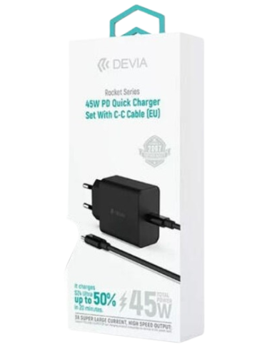 DEVIA CARGADOR ROCKET PD 45W + CABLE C-C NEGRO