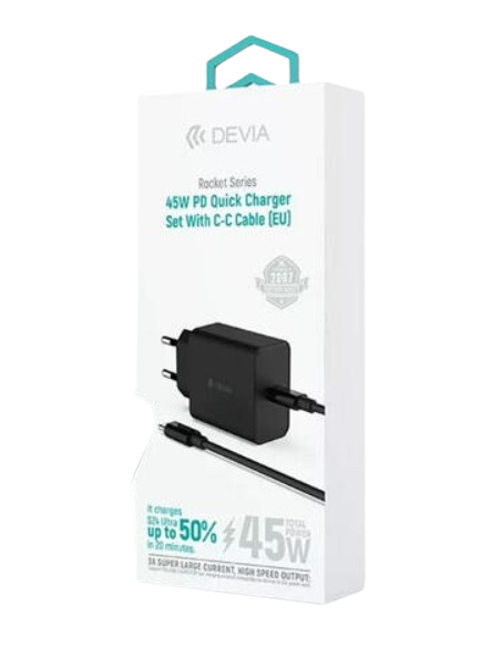 DEVIA CARGADOR ROCKET PD 45W + CABLE C-C NEGRO