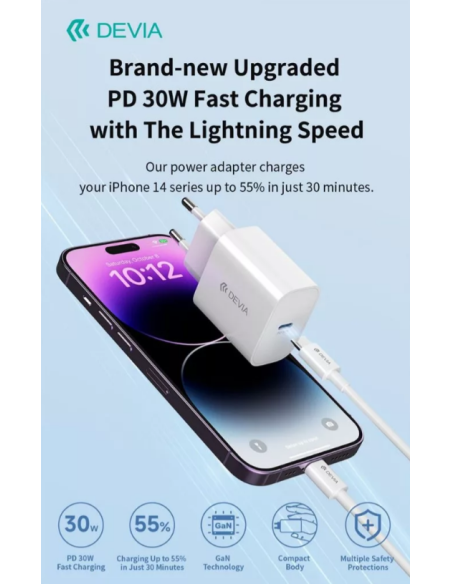 DEVIA CARGADOR SMART PD 30W LIGHTNING - USBc 1M BLANCO