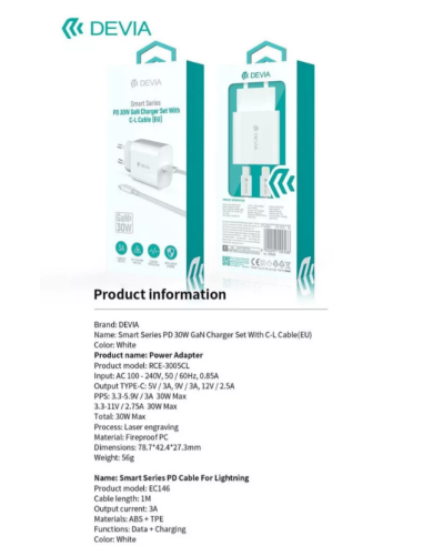 DEVIA CARGADOR SMART PD 30W LIGHTNING - USBc 1M BLANCO