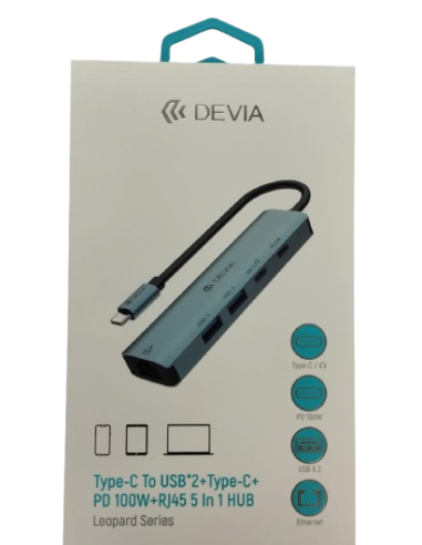 DEVIA HUB 5 EN 1 TIPO C USBx2/RJ45/PD100W v2 GRIS