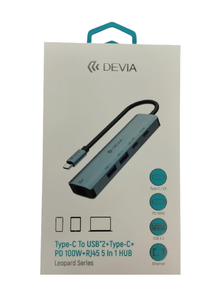 DEVIA HUB 5 EN 1 TIPO C USBx2/RJ45/PD100W v2 GRIS