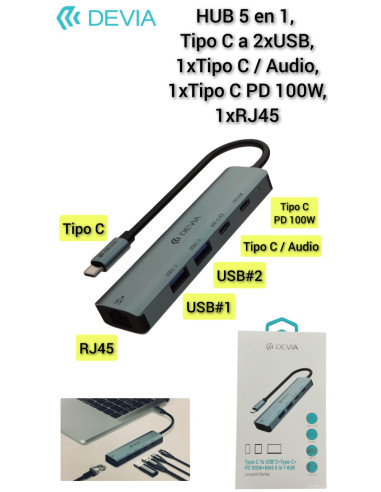 DEVIA HUB 5 EN 1 TIPO C USBx2/RJ45/PD100W v2 GRIS