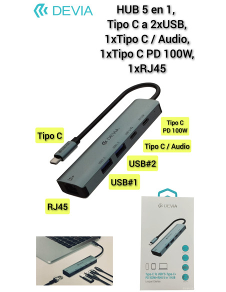 DEVIA HUB 5 EN 1 TIPO C USBx2/RJ45/PD100W v2 GRIS