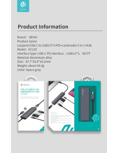 DEVIA HUB 5 EN 1 USB3.0x3/PD/LECTOR TARJETA 2
