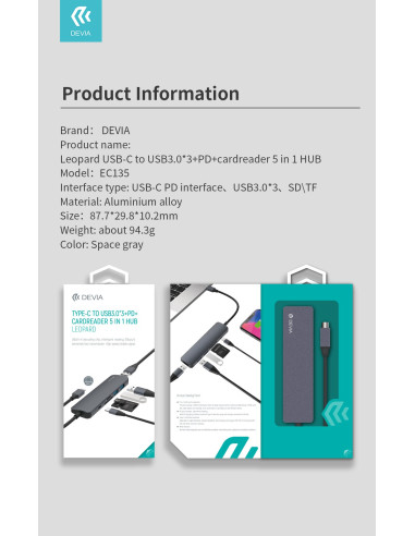 DEVIA HUB 5 EN 1 USB3.0x3/PD/LECTOR TARJETA