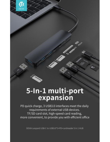 DEVIA HUB 5 EN 1 USB3.0x3/PD/LECTOR TARJETA