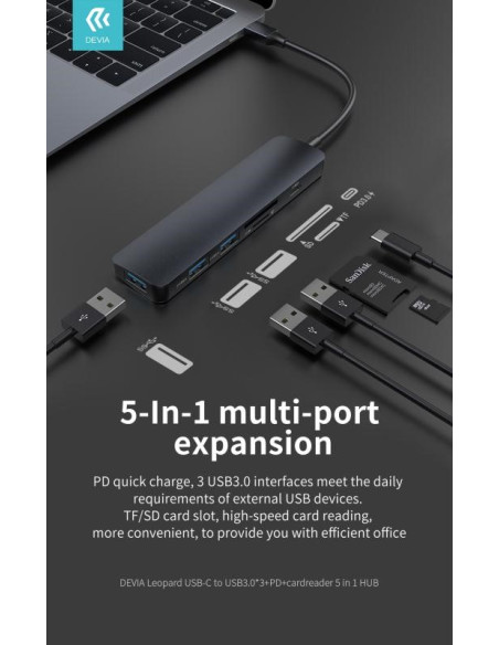 DEVIA HUB 5 EN 1 USB3.0x3/PD/LECTOR TARJETA