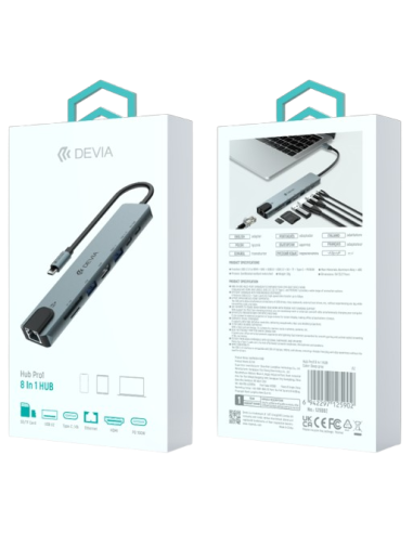 DEVIA HUB 8 EN 1 TIPO C HDMI/ USBx2/ PD 100W/ SD/ ETHERNET GRIS