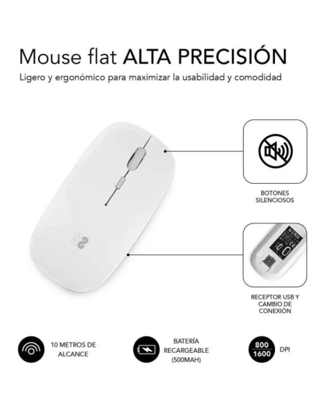 SUBBLIM RATON INALAMBRICO DUAL FLAT 1600DPI RECARGABLE BLANCO
