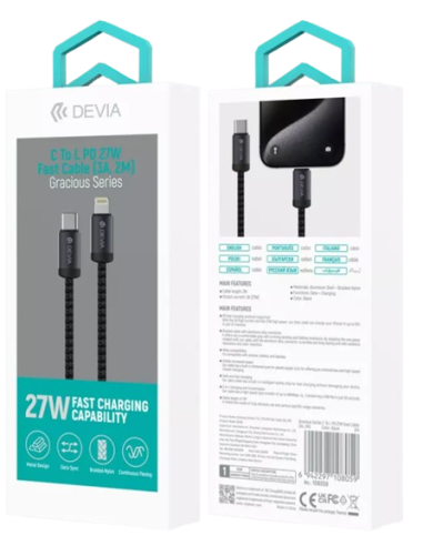 DEVIA CABLE GRACIOUS PD USBc  LIGHTNING 27W 2M NEGRO