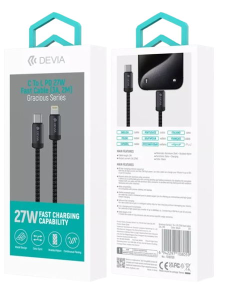 DEVIA CABLE GRACIOUS PD USBc  LIGHTNING 27W 2M NEGRO