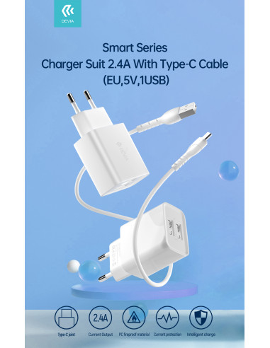 DEVIA CARGADOR DUAL USB 2.4A FAST CHARGE + CABLE TIPO C BLANCO V2