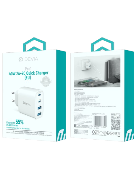 DEVIA CARGADOR PRO1 QC 40W 2 USBa / 2 USBc