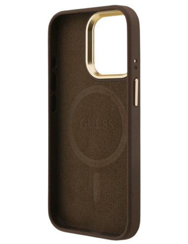 GUESS CARCASA MAGSAFE TRIANGLE 4G SOPORTE CAMARA IPHONE 15 PRO MARRON