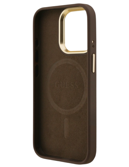 GUESS CARCASA MAGSAFE TRIANGLE 4G SOPORTE CAMARA IPHONE 15 PRO MARRON