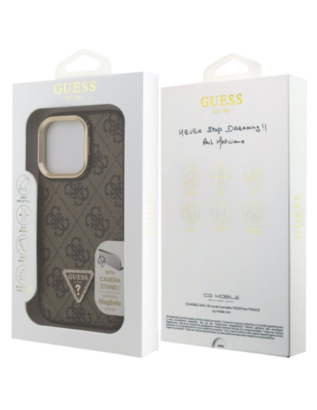 GUESS CARCASA MAGSAFE TRIANGLE 4G SOPORTE CAMARA IPHONE 15 PRO MARRON