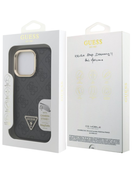 GUESS CARCASA MAGSAFE TRIANGLE 4G SOPORTE CAMARA IPHONE 15 PRO NEGRO