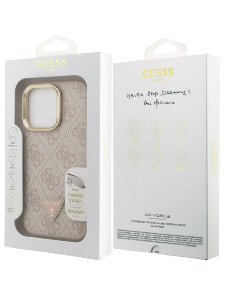 GUESS CARCASA MAGSAFE TRIANGLE 4G SOPORTE CAMARA IPHONE 15 PRO ROSA