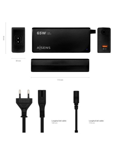 AISENS CARGADOR 65W DE PORTATIL 9 CONECTORES USB-A QC3.0 NEGRO