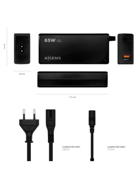 AISENS CARGADOR 65W DE PORTATIL 9 CONECTORES USB-A QC3.0 NEGRO