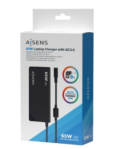 AISENS CARGADOR 65W DE PORTATIL 9 CONECTORES USB-A QC3.0 NEGRO