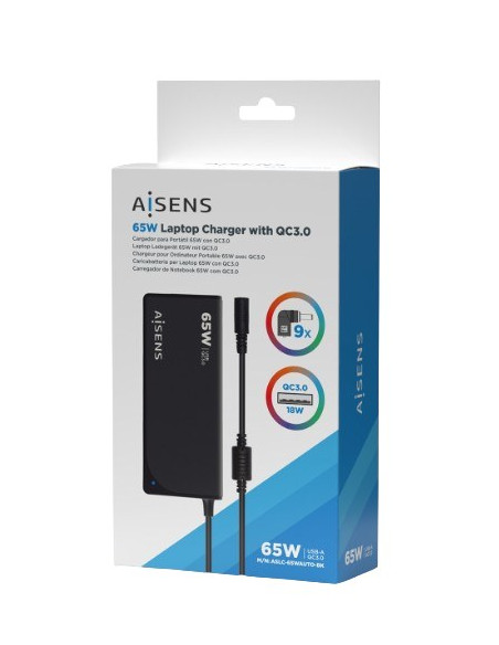 AISENS CARGADOR 65W DE PORTATIL 9 CONECTORES USB-A QC3.0 NEGRO