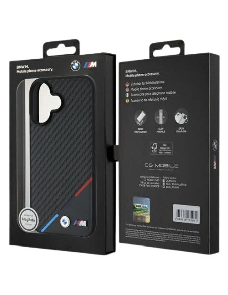 BMW CARCASA MAGSAFE CARBON TRICOLOR IPHONE 16 PLUS NEGRO