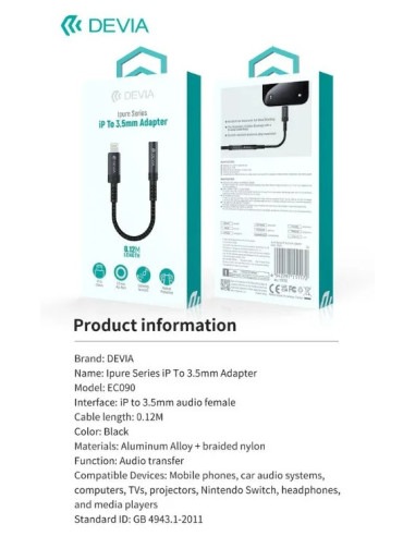DEVIA ADAPTADOR IPURE LIGHTNING - JACK 3.5mm NEGRO