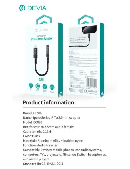 DEVIA ADAPTADOR IPURE LIGHTNING - JACK 3.5mm NEGRO