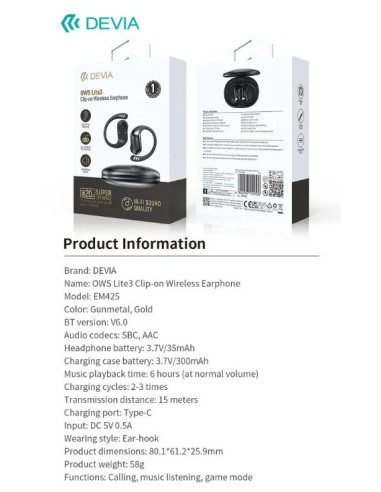 DEVIA AURICULAR BLUETOOTH OWS LITE3 DORADO