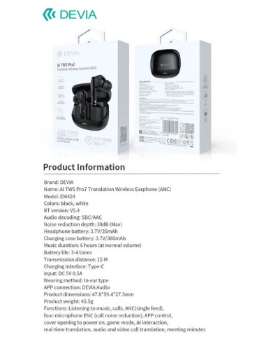 DEVIA AURICULAR BLUETOOTH TRADUCCION TWS ANC PRO7 BLANCO
