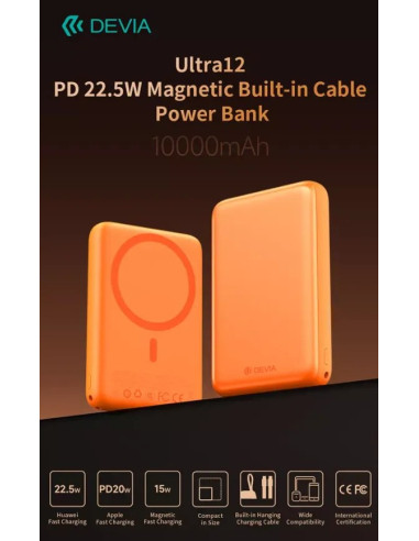 DEVIA BATERIA AUXILIAR MAGSAFE ULTRA12 PD22.5w 10000mAh NARANJA