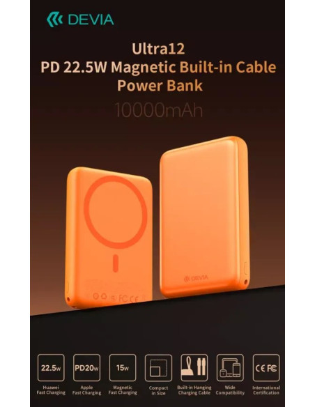 DEVIA BATERIA AUXILIAR MAGSAFE ULTRA12 PD22.5w 10000mAh NARANJA