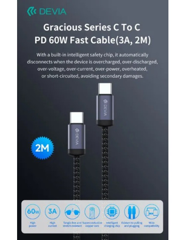 DEVIA CABLE GRACIOUS TIPO C - TIPO C 3A 60W 2m