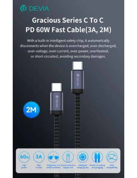 DEVIA CABLE GRACIOUS TIPO C - TIPO C 3A 60W 2m