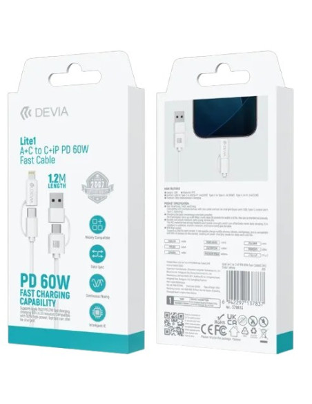DEVIA CABLE LITE1 USBa - USBc + USBc - LIGHTNING 60W 1,2m