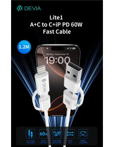 DEVIA CABLE LITE1 USBa - USBc + USBc - LIGHTNING 60W 1,2m