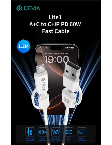 DEVIA CABLE LITE1 USBa - USBc + USBc - LIGHTNING 60W 1,2m