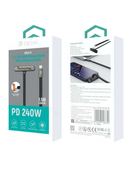 DEVIA CABLE TIPO C A TIPO C 240w 1.5m CON SOPORTE