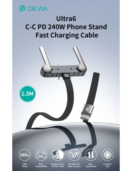 DEVIA CABLE TIPO C A TIPO C 240w 1.5m CON SOPORTE