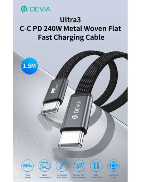 DEVIA CABLE ULTRA3 TIPO C-C 240w TEJIDO METALICO 1.5m. NEGRO