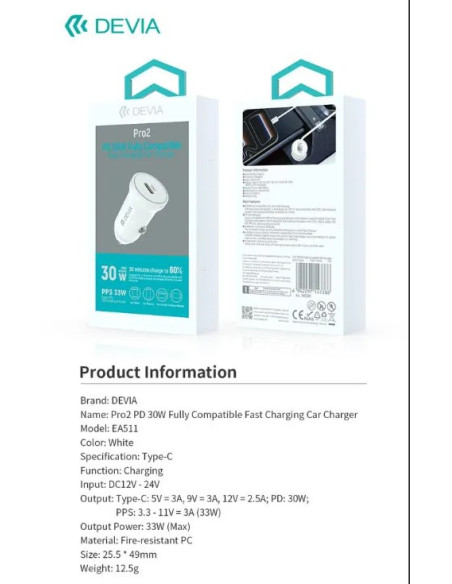 DEVIA CARGADOR COCHE USBc 30W BLANCO