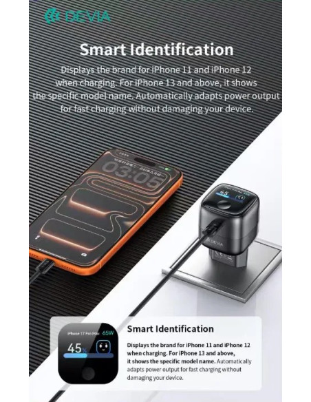 DEVIA CARGADOR MINI SMART DISPLAY 65W GRIS