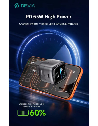 DEVIA CARGADOR MINI SMART DISPLAY 65W GRIS