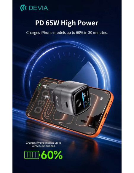 DEVIA CARGADOR MINI SMART DISPLAY 65W GRIS